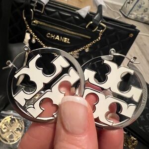 Silver and White Logo Earrings